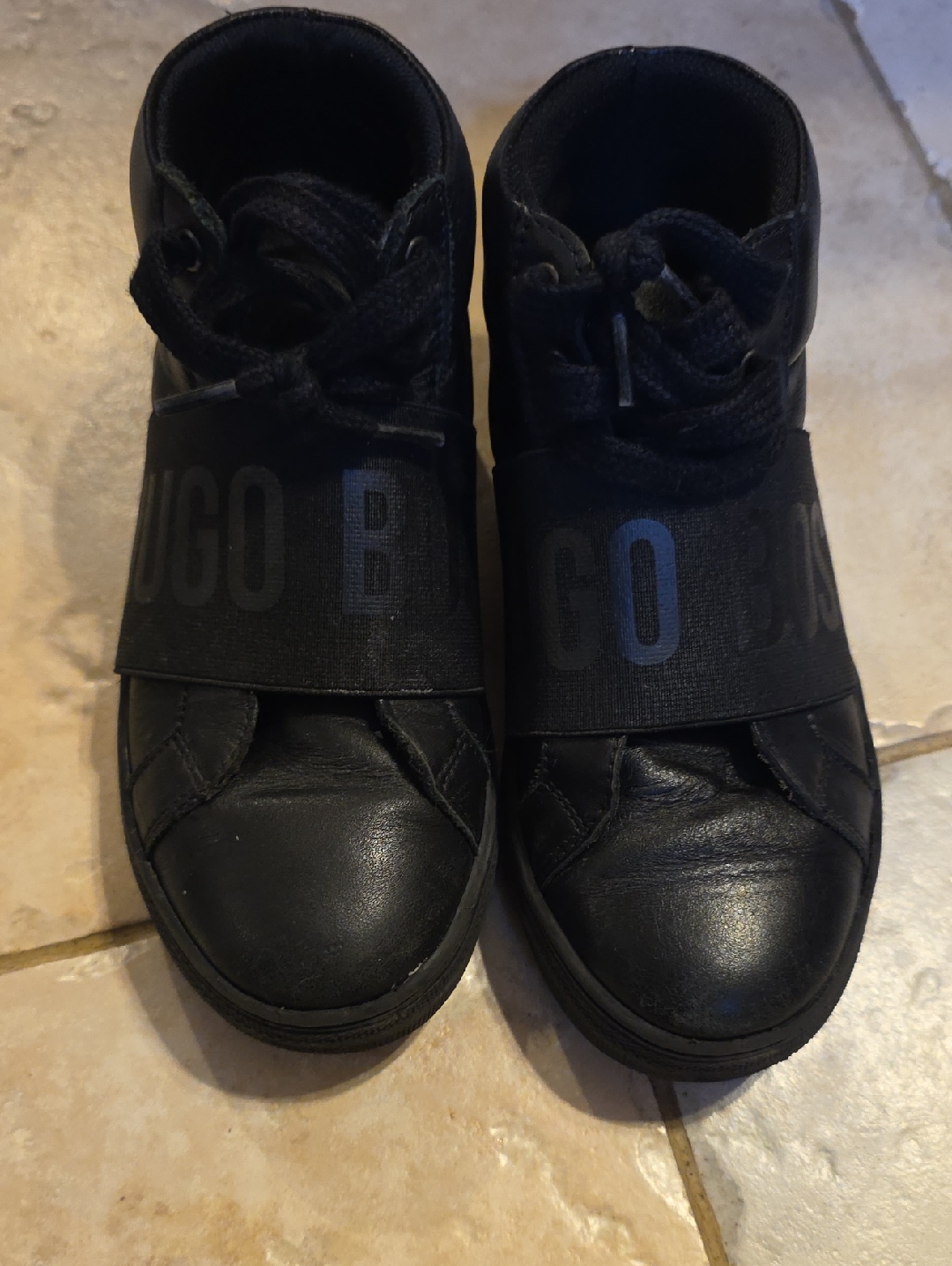 Hugo Boss Black Kids' Leather High-Top Sneakers With Branded Strap- Size 33